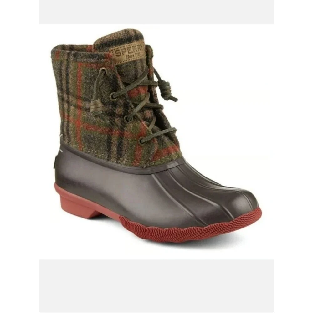 Sperry Saltwater Short Duck Boots In Brown Plaid
